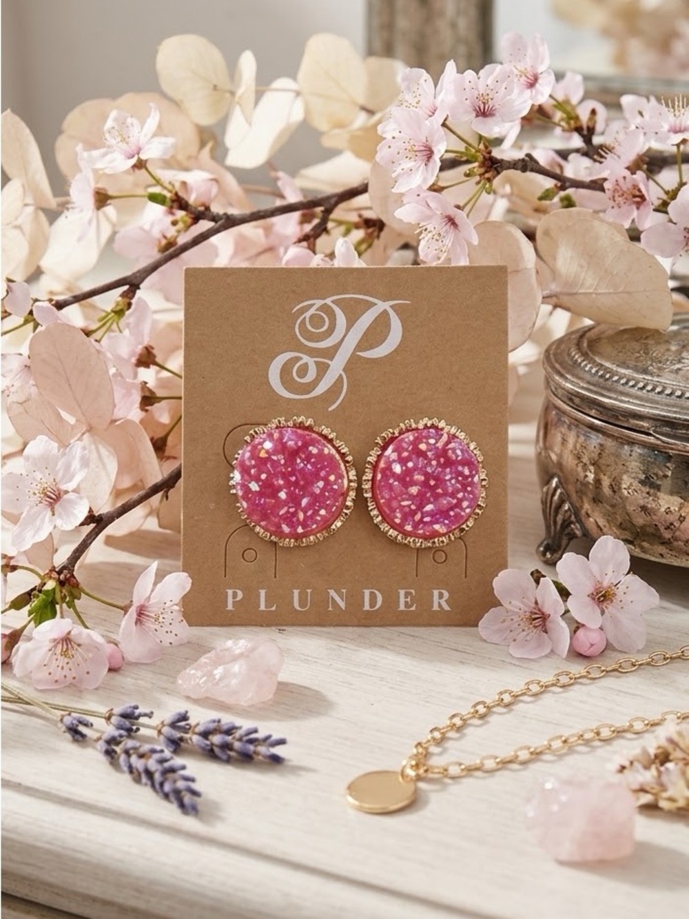 Plunder Gold-Trim Pink Druzy Stud Earrings
